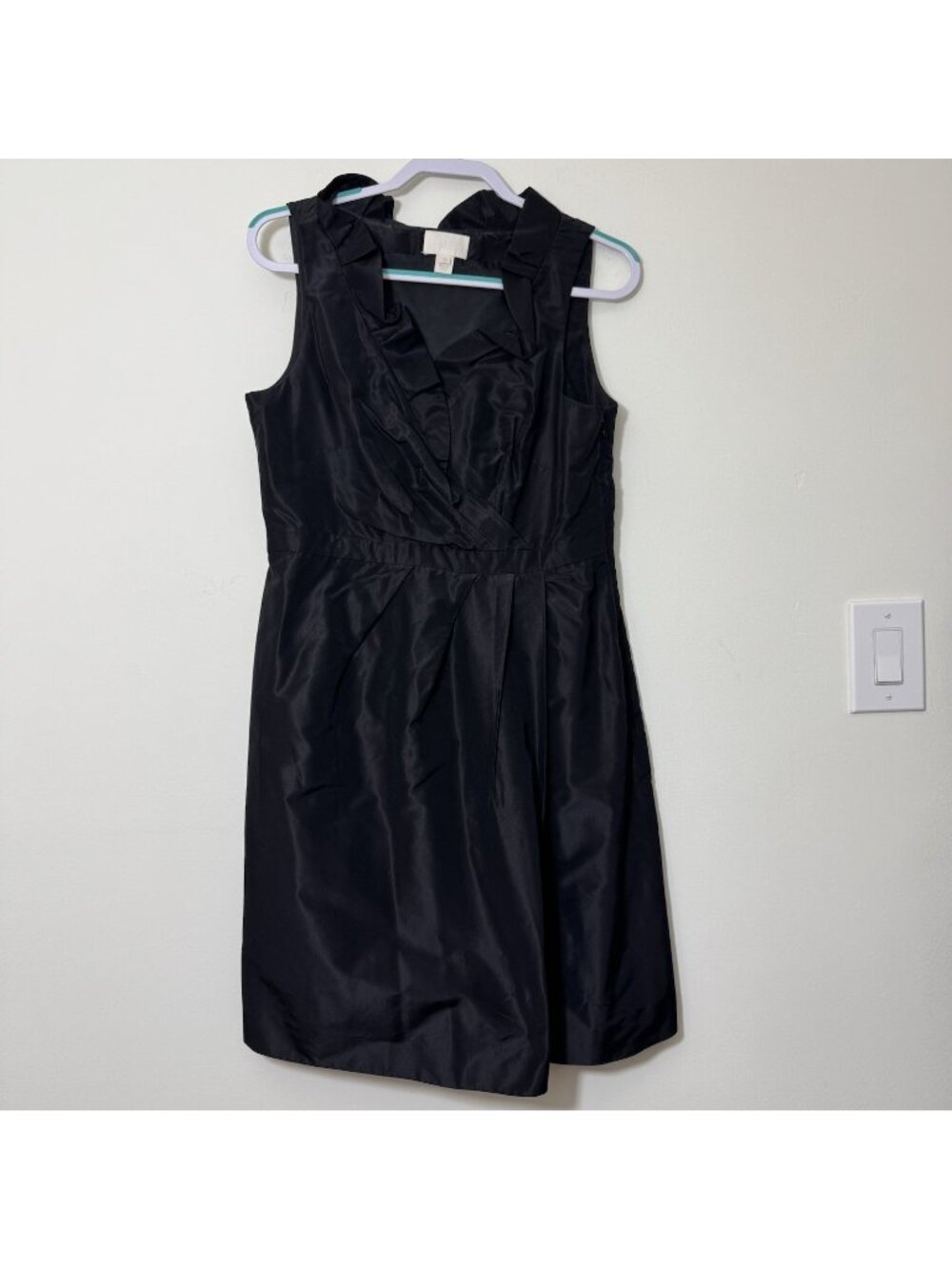 J Crew Ruffle Neck Dress Size 12 Silk Taffeta Crossed Front Pleated Waist